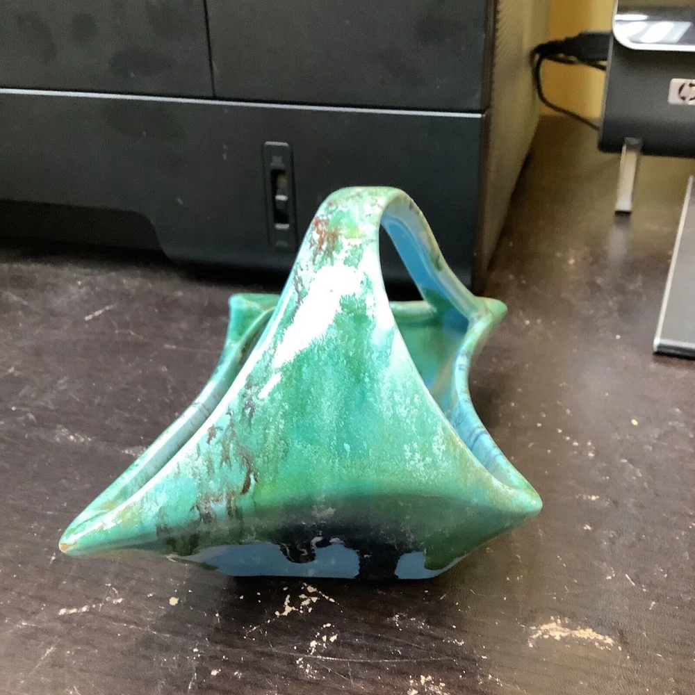 Art pottery vase drip glaze MCM Diamond Shaped Basket 4.5”x7”